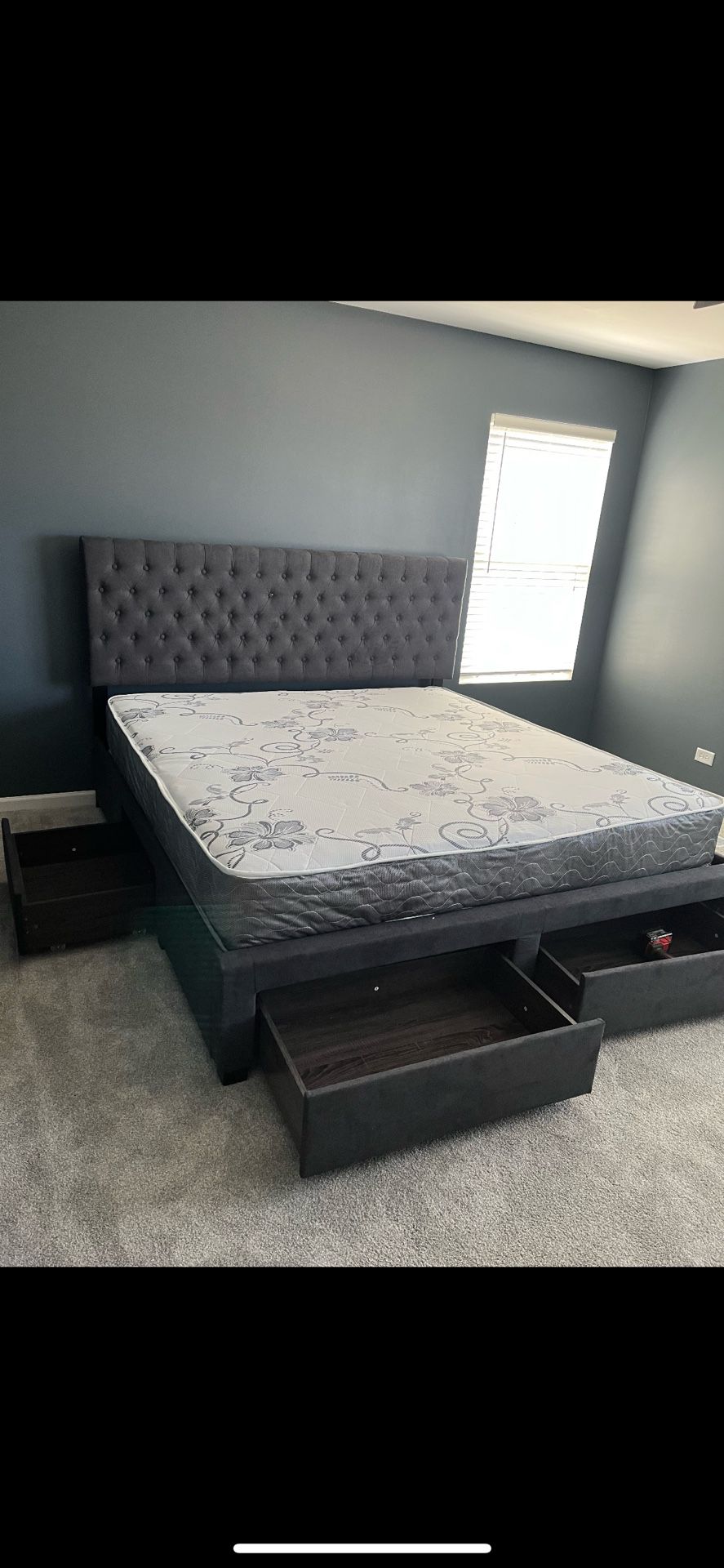 Grey King Bed Frame 4 Drawer