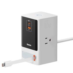 Baseus 6-in-1 65W Charging Station with Retractable USB-C Cable, Power Combo USB C Power Strip for Multiple Devices, Fast Charger for iPhone, MacBook,