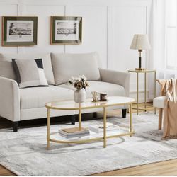 42" Oval Glass Coffee Table for Living Room, 2-Tier Center Table with Storage Shelf for Small Space, Office