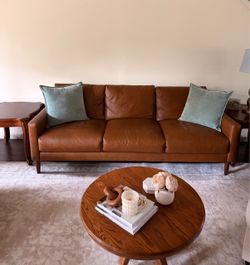 Brown Leather 3-Seat Sofa with Wood Legs