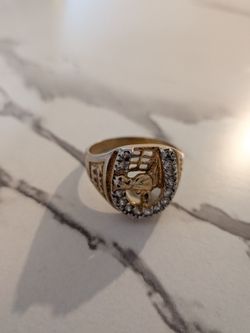 Gold-Tone Horseshoe Horse Ring with Stones