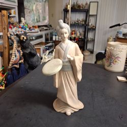 Glazed Porcelain Japanese Geisha Girl Wearing A Traditional Kimono In Light Blue & Sand 10" Tall