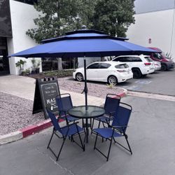 New 6-Piece Patio Dining Set with Glass Table, 4 Folding Chairs, and 10Ft Umbrella