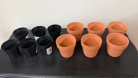 6 sets of small black nursery and matching terracotta flower plant succulent pots.