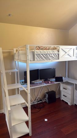 White Metal Loft Bed with Desk and Stairs