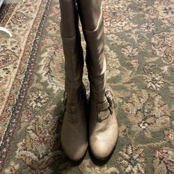 Tan Leather-like Slouch Buckle Boots