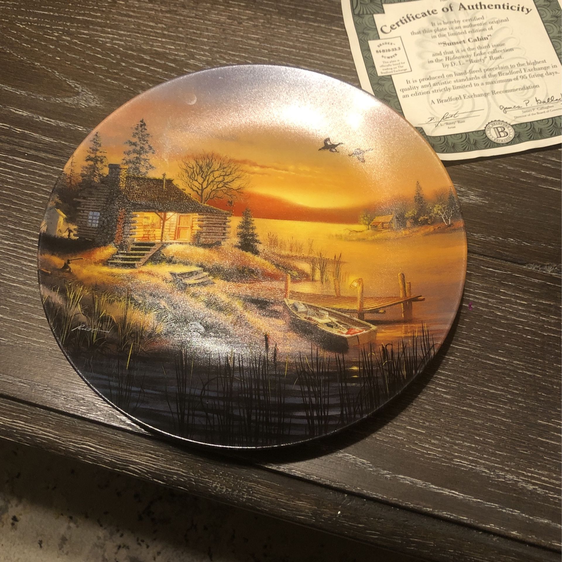 SUNSET CABIN Plate Hideaway Lake #878L. "Rusty" Rust Log Home Canoe Ducks