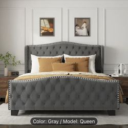 Gray Queen Size Velvet Bed Frame. New In Original Box 