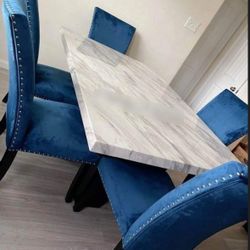 Rectangular Natural Marble Dining Table And 6 Chairs Velvet Blue🥂 Kitchen/Dining Room Set🔥New Brand👌