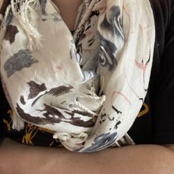  White Fringed Scarf Abstract print With Floral accents 65x27