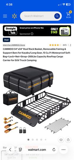 CAMMOO 54"x34" Roof Rack Basket, Removable Fairing & Support Bars for Kayaks/Long Gear, 15 Cu.Ft Waterproof Soft Bag+Lock+Net+Strap–200Lbs Capacity Ro