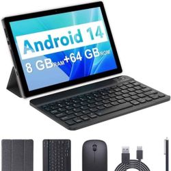 Android 14 Tablet, 10 Inch 8GB RAM+64GB ROM Tablets with Keyboard/Mouse/Case/Stylus, 1.8Ghz Quad-core Processor Laptop, 8MP Camera, 6000mAh Battery, 1