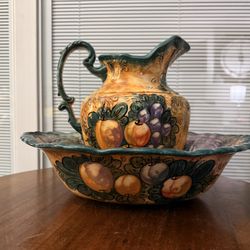 Greek Pottery Signed Nikolaou Hand-made painted  Large Pitcher with Large Basin/Bowl  Bowl 