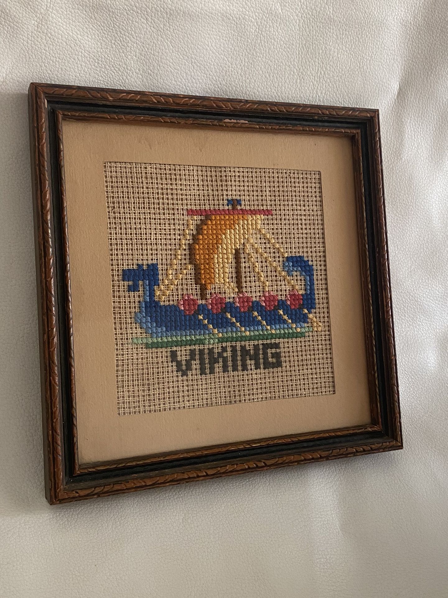 Antique 1930's Boat Ships Nautical Needlepoint Embroidery Art Viking VTG
