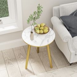Round Side Table, Small Wood End Table for Living Room and Bedroom, Modern Nightstand Bedside Table, Gold Side Table  Gold Legs, White Marble 