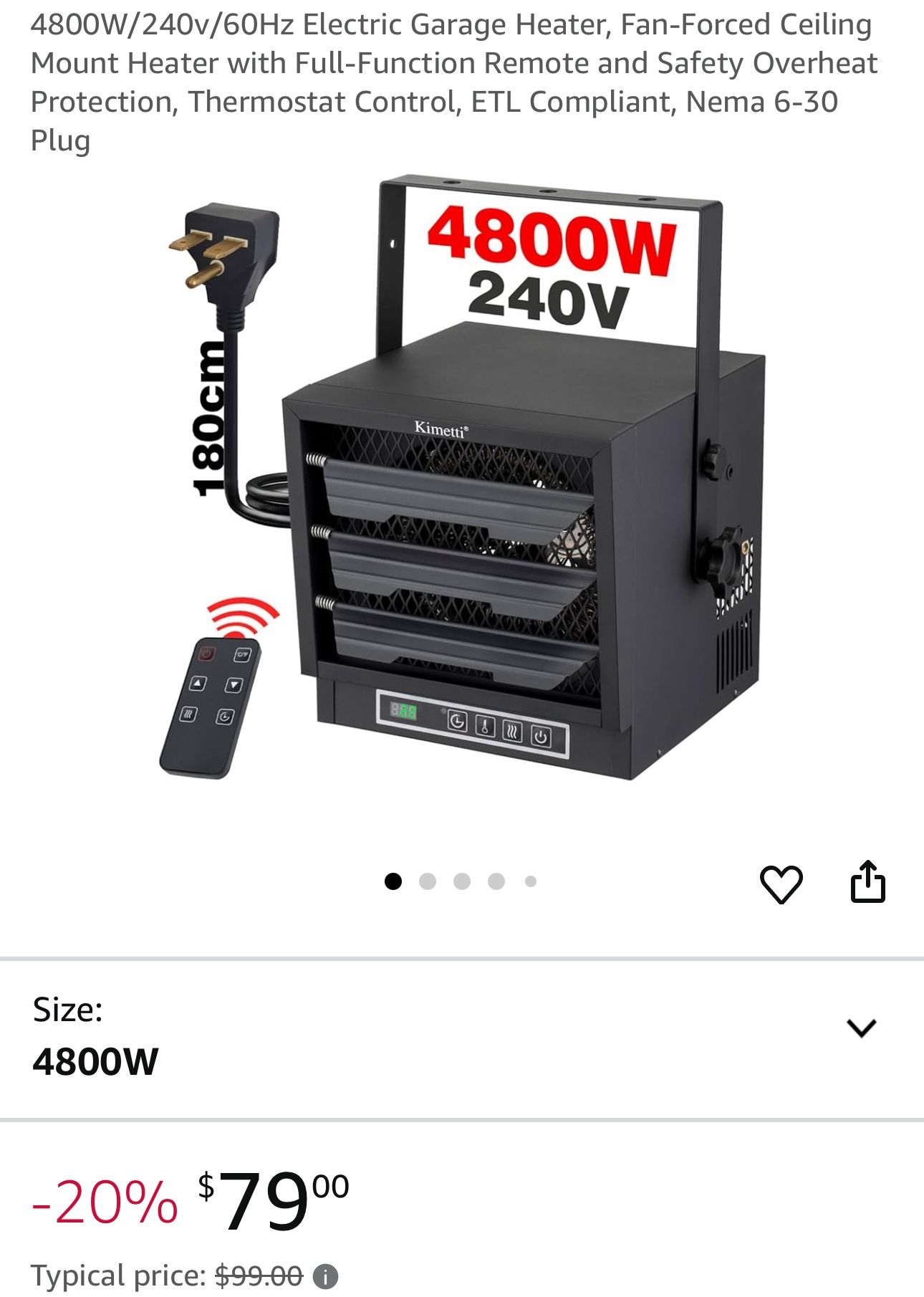 4800W/240v/60Hz Electric Garage Heater, Fan-Forced Ceiling Mount Heater with Full-Function Remote and Safety Overheat Protection, Thermostat Control, 