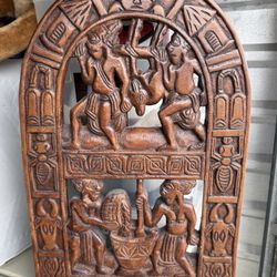 Beautiful vintage Hand-Carved Senufo Style African Wood Wall Plaque - Village Life Scenes