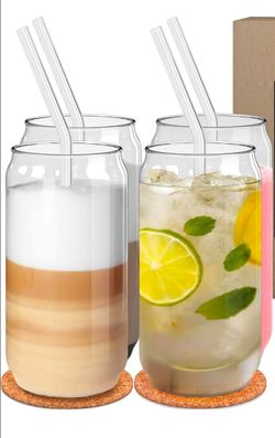 Can-Shaped Glass Cups with Straws Set of 4