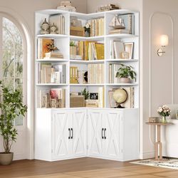 74" Tall Corner Bookshelf, White Bookshelf with Doors Corner Bookcase Farmhouse Bookshelves and Bookcases with Storage Large Book Shelf Storage Cabine