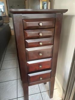 Dark Wood Jewelry Armoire with Drawers and Mirror Top