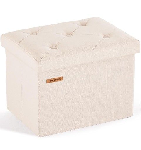 Storage Ottoman Foot Rest Stool, Small Folding Ottoman with Storage, Tufted Square Cube Footrest, Linen Beige