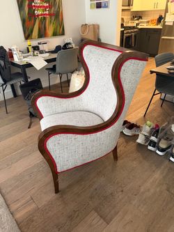 Vintage Wingback Accent Chair – Walnut Wood, Gray Upholstery w/ Red Piping