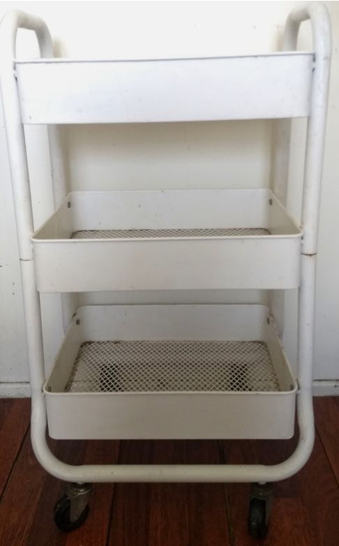 32” Tall White Wheeled Metal Kitchen Self Organizer With 3 Levels