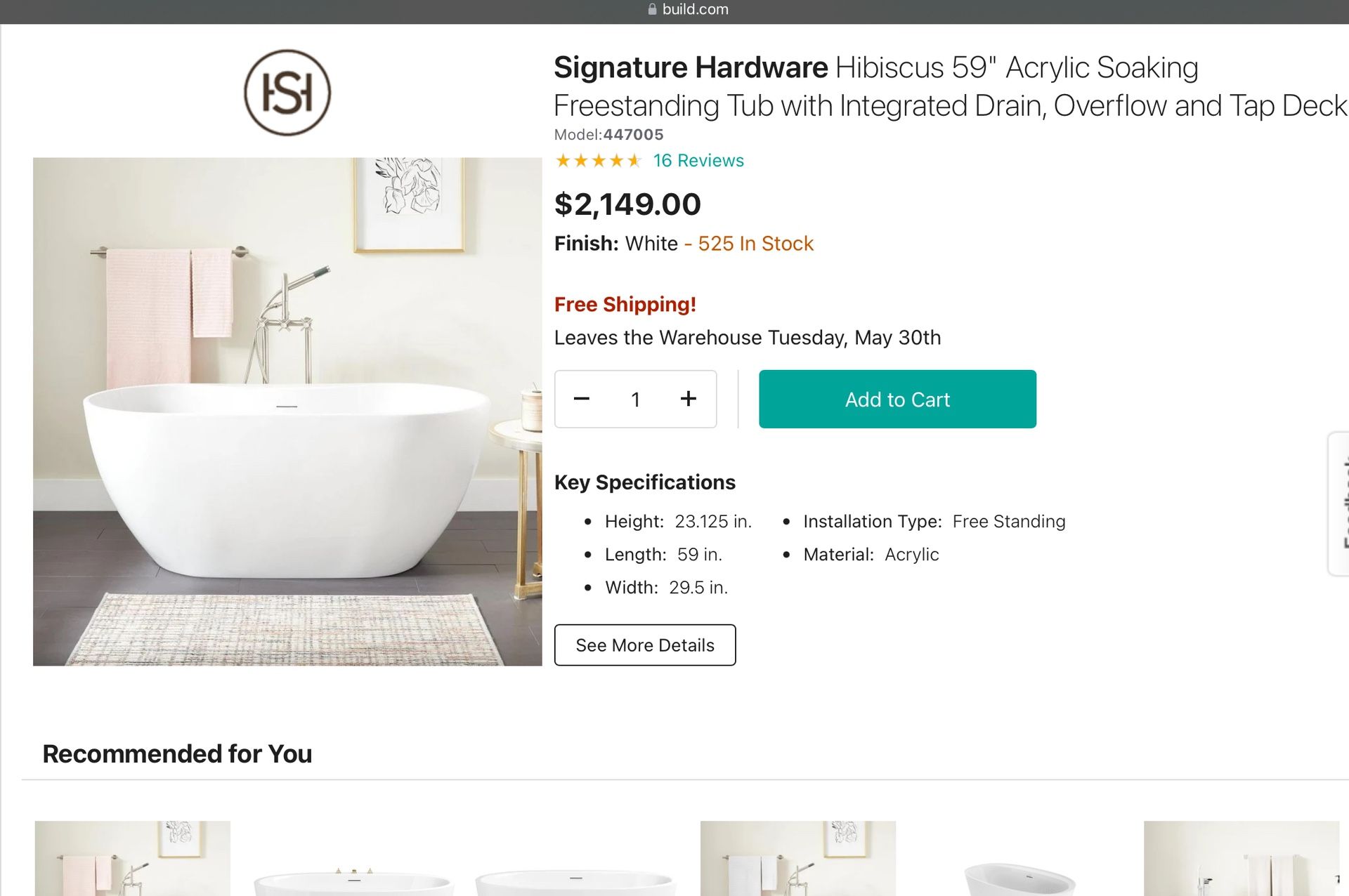 Signature Hardware Hibiscus 59" Acrylic Soaking Freestanding Tub with Integrated Drain, Overflow and Tap Deck