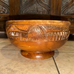Vintage 1960s Hand-Carved Wooden Chalice Bowl with Tropical Relief Landscape 10”