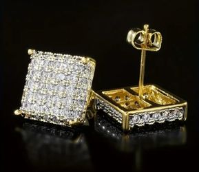 Exquisite Micro Pave 14K Gold-Plated Cubic Zirconia Square 10mm Men Women Stud Earrings