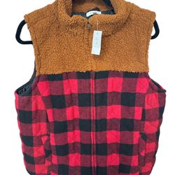 Maurices Red & Black buffalo plaid & Brown sherpa vest Women’s Size XXL NWT
