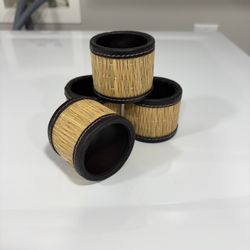 Pier 1 Imports Set of 4 Napkin Rings Straw & Stitched Brown Leather