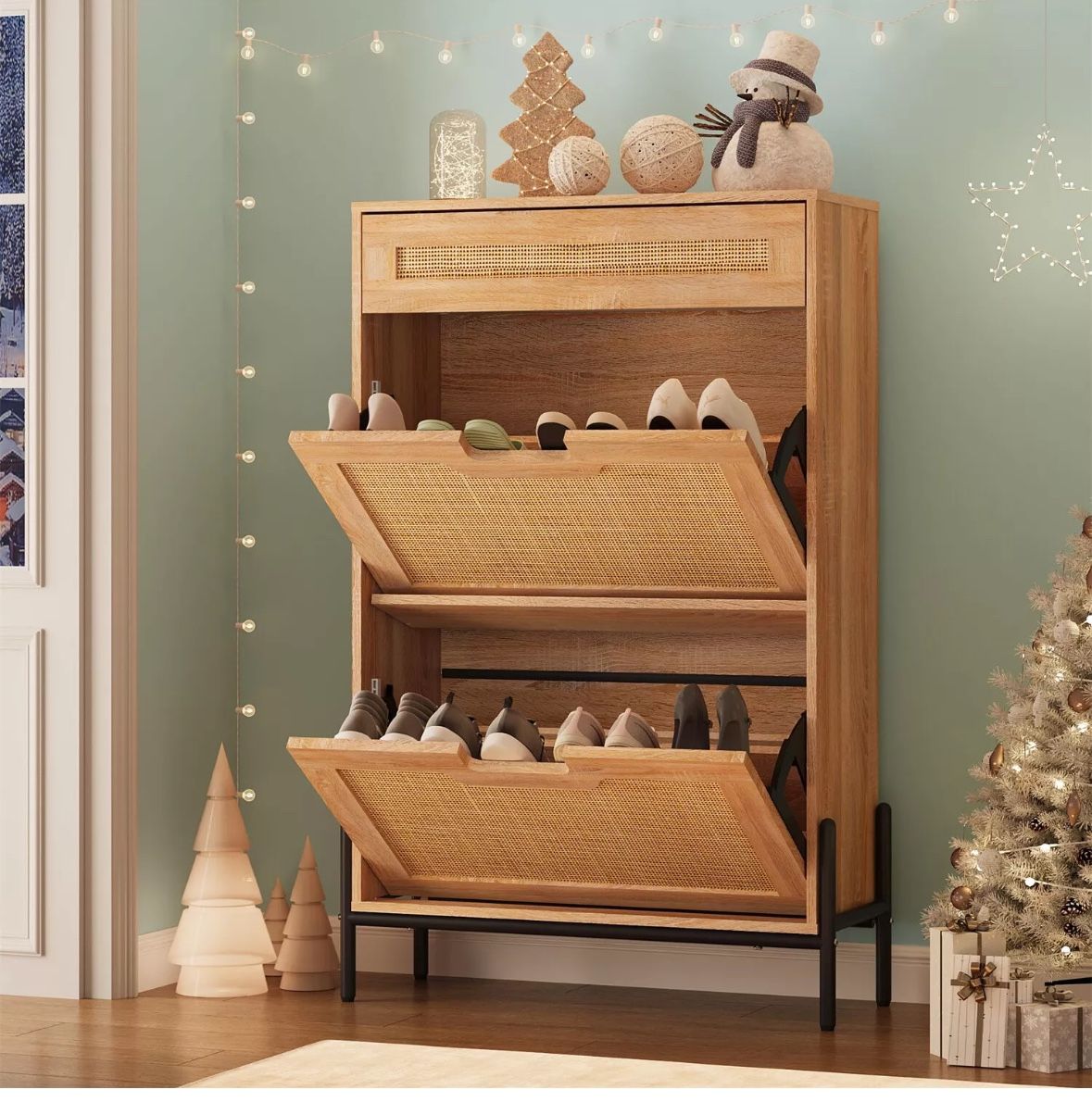 Shoe Cabinet for Entryway Shoe Storage Cabinet Hidden Rattan Shoe Organizer