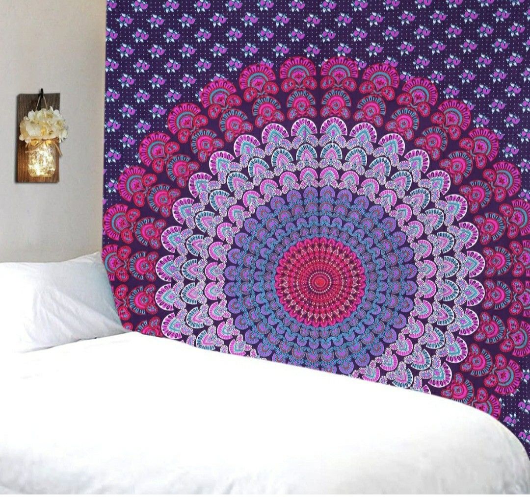 Purple Indian Cotton printed Mandala Wall hanging Wall Decor. 84 x 54 inches Approx.