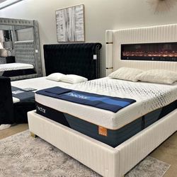 NEW Cream King & Queen Size Platform Bed Frame Fireplace Display in Headboard Bluetooth Speakers