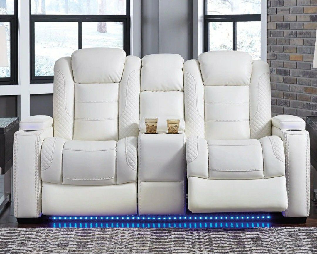 Party Time White Power Reclining Loveseat with Console

