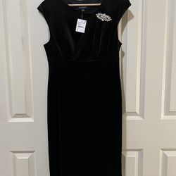 New w/tags! Black Stretch Velvet Dress w/Asymmetrical Neckline & Brooch Adornment Size 10