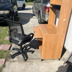 Desk & Chair, desk is on wheels for easy move around 32in wide 20in deep & 56in tall total height