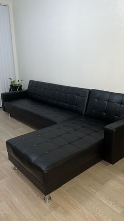 Black Faux Leather Futon L- Shaped Sectional with Chaise.