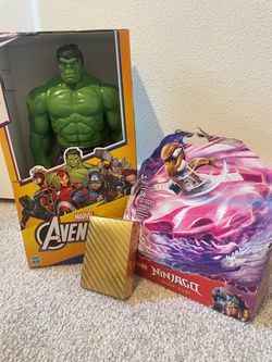 Labor Day Deal! Toy Bundle – Hulk Figure + Ninjago LEGO Set + Gold Pokémon Cards – New/Open Box