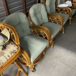 Bamboo Rattan, Glass, Top Dining Room Table, And Chair, Chairs, And Two Matching Barstools