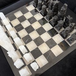 Marble Chess Board, All Pieces, 14-1/2”x14-1/2”, Great Condition