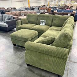 New Sage Corduroy Sectional Couch With Ottoman / Free Delivery 