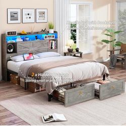 Open box-Queen Bed Frame with Storage Headboard, Farmhouse Wood Bed Frame Queen Size with 4 Drawers, LED Light & Charging Station, Metal Slats Support