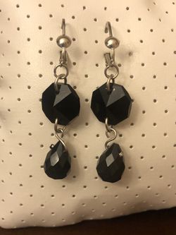 Silver Teardrop Crystal Black Earrings