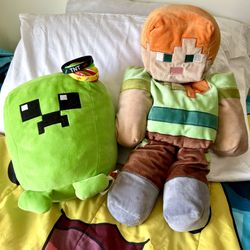 Minecraft Lot Bundle- Creeper Plush, Alex Pillow, TNT Arm Bands/ Bracelets