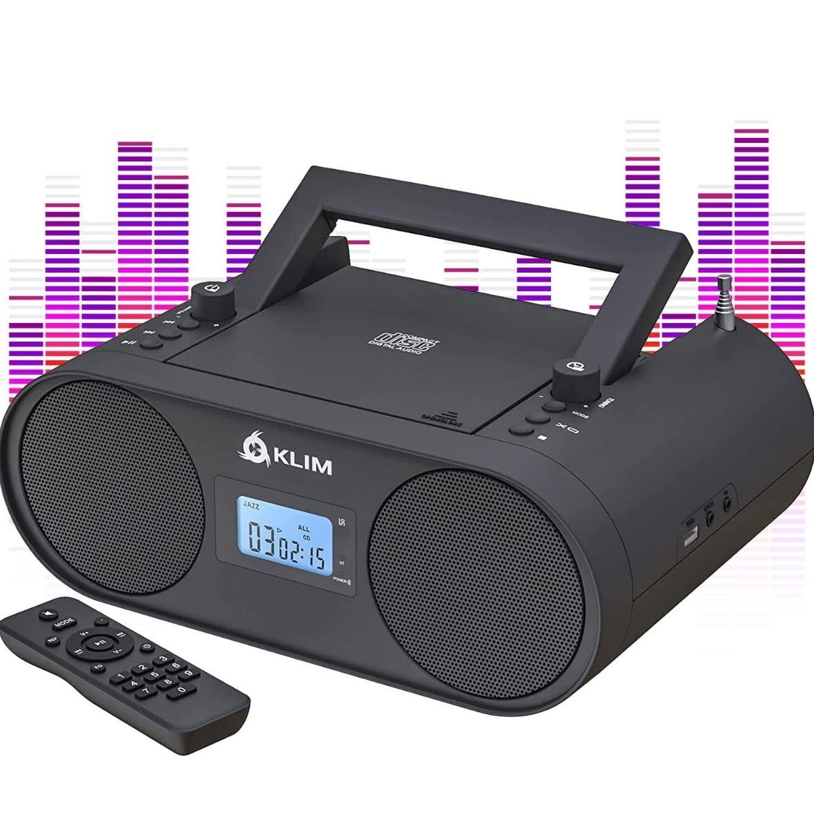 KLIM® Boombox B4 CD Player Portable Audio System - New 2024 - AM/FM Radio with CD Player MP3 Bluetooth AUX USB - Wired & Wireless Mode Rechargeable