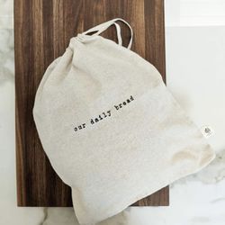 "Our Daily Bread" Set of 2 Natural Linen Bread Bags (15x12 Boule Bags), Reusable Drawstring Bag Home