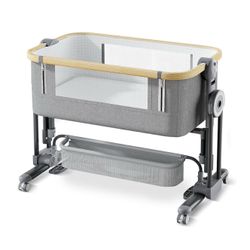 4 in 1Baby Bassinet,Bedside Bassinet for Baby, Rocking Bassinet with Comfy Mattress and Wheels, 7 Height Adjustable Easy Folding Portable Bedside Crib