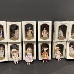 DG Creations collection of 12 mini Victorian doll ornaments. New in boxes. 